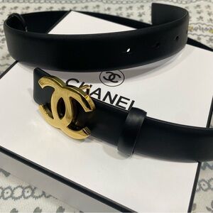 Chanel Black Belt with Gold Logo